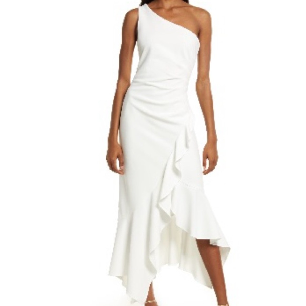 Elegant White One-Shoulder Crepe Midi Dress